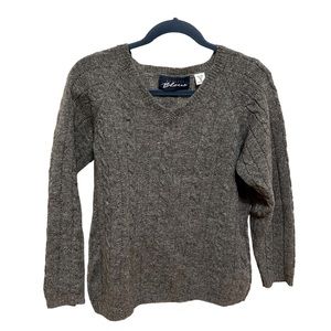 Vintage  100% Wool Gray Grey VNeck Express Bleus Sweater Medium Cable Knit